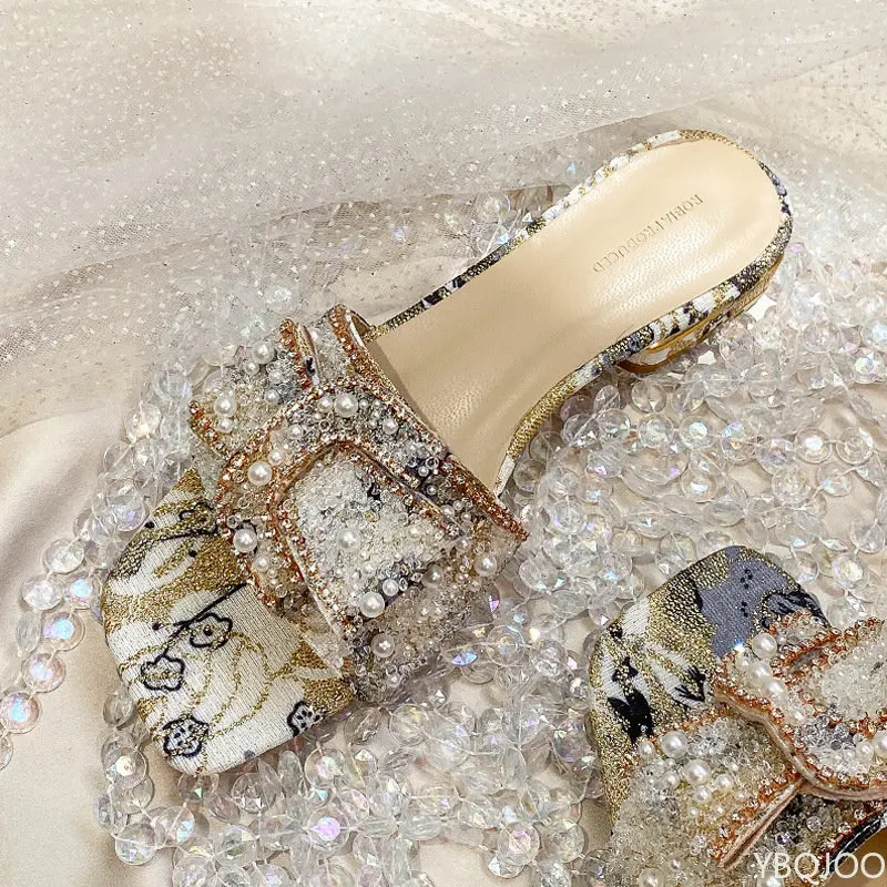 2023 New Chunky Ferse Mode Damen Strass Hausschuhe Frauen Schuhe Komfort Sommer Peep Toe Schuhe