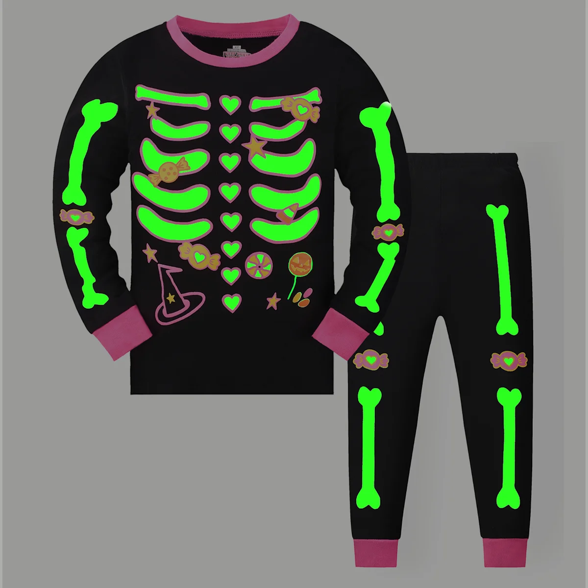 Halloween Leuchtendes Langarm- und Langhose-Pyjama-Set für Mädchen, geeignet für Mädchen im Alter von 2 bis 9 Jahren Image