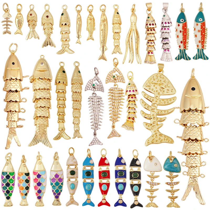 Ciondolo con ciondolo dalfino marino con calamari a forma di osso di pesce smaltato, forniture per la ricerca di gioielli con zirconi placcati in vero oro argento 18 carati S87 S75
