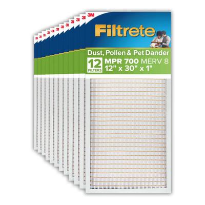 Filtrete 12 x 30 x 1 Air Filter, MPR 700, Merv 8, Dust, Pollen & Pet Dander, 3 Month Pleated 1 inch Electrostatic Air Filters, 12 HVAC Filters