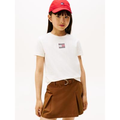 T-Shirt TOMMY HILFIGER "RHINE STONE FLAG TEE S/S", Mädchen, Gr. 10 (140), ivory silk, Single Jersey, Obermaterial: 100% Baumwolle, unifarben, casual, regular fit normal, Rundhals, Kurzarm eingesetzt gerader Abschluss, Shirts, Kinder bis 16 Jahre Image