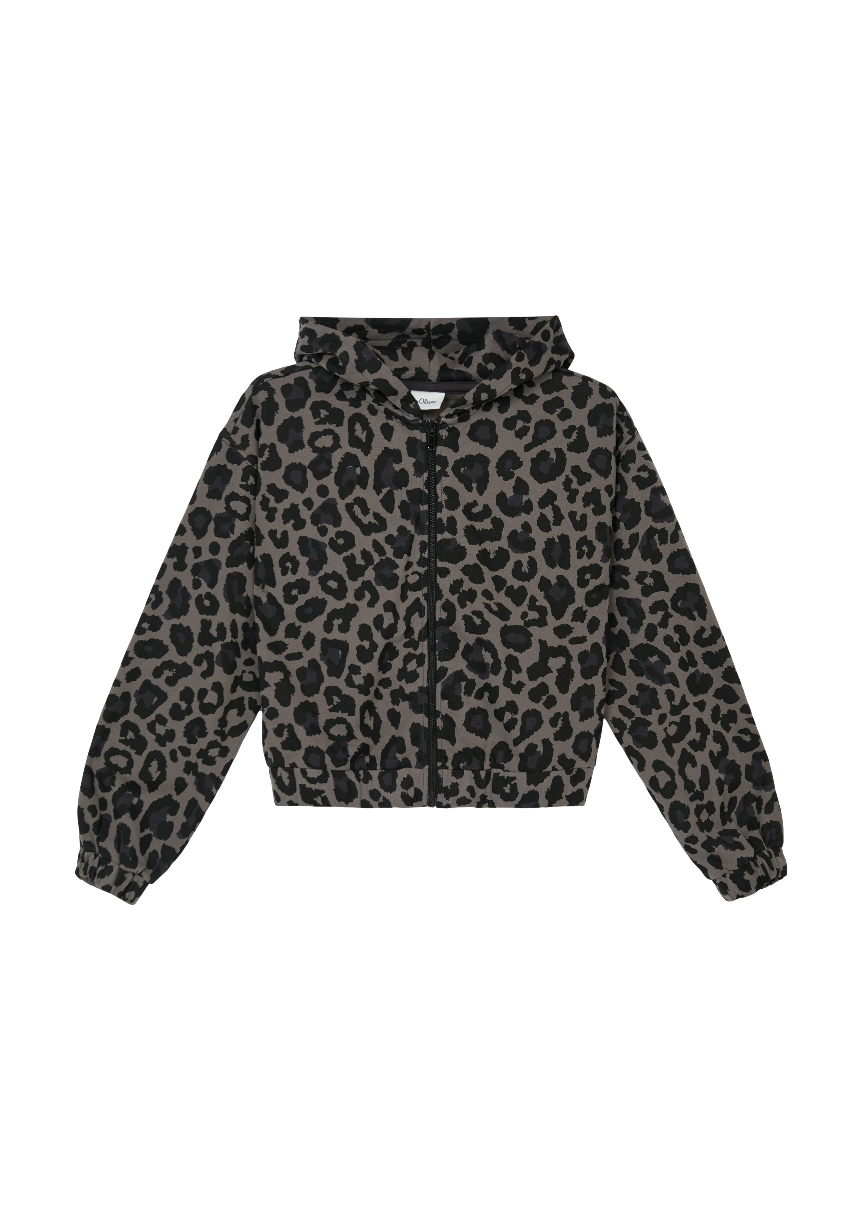 Kapuzensweatshirt S.OLIVER JUNIOR, Mädchen, Gr. 158/164, grau, schwarz, Sweatware, Obermaterial: 90% Baumwolle, 10% Polyester, animal-print, bedruckt, oversize taillenbedeckt, ohne Ausschnitt, elastischer Bund, Sweatshirts, mit Animal-Print, kurz...
