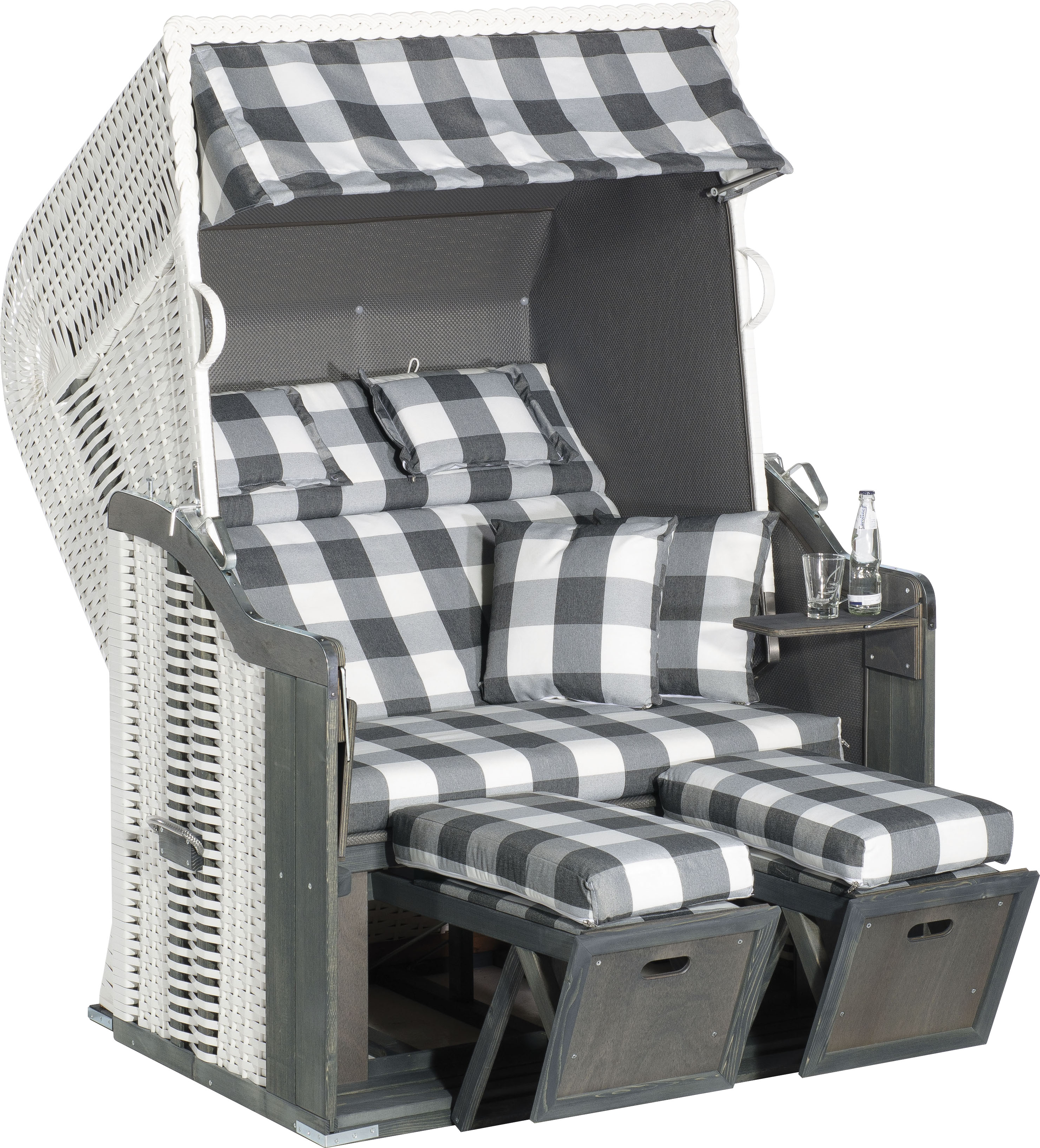 Strandkorb SUNNYSMART "Rustikal 255 Plus", weiß (korpus: grau, weiß bezug: anthrazit, weiß), StrandkörbeB:125cm H:160cm T:90cm, 2-Sitzer, komplett montiert, Oberkorb in einem Stück geflochten, B:125cm H:160cm T:90cm