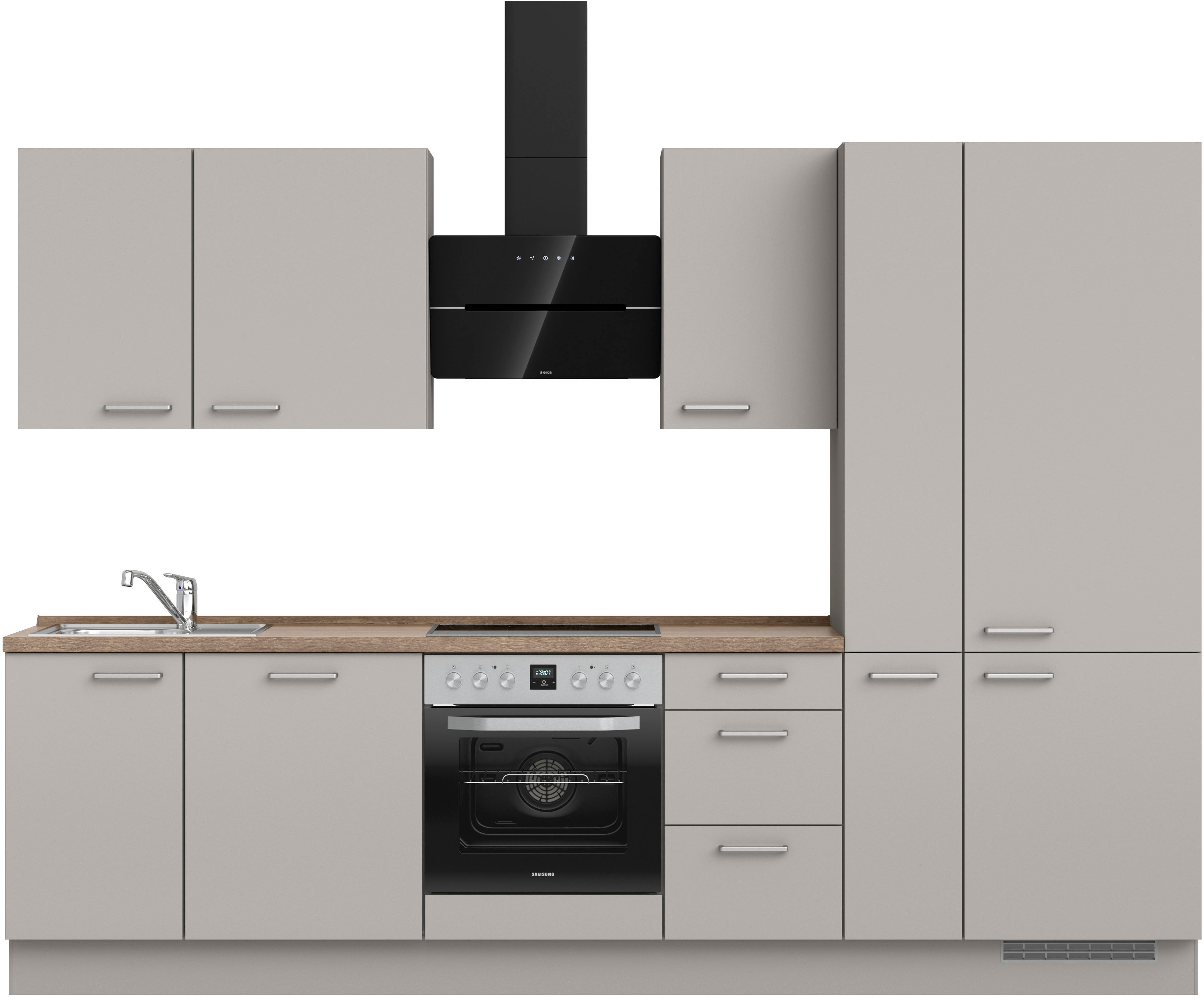 Küchenzeile NOBILIA "Touch II", grau (küche: grau, korpus: steingrau, arbeitsplatte: eiche havanna nachbildung), B:300,3cm H:216,6cm T:60cm, Komplettküchen-Sets, vormontiert, Ausrichtung wählbar, Breite 300 cm, wahlw. mit E-Geräten Image
