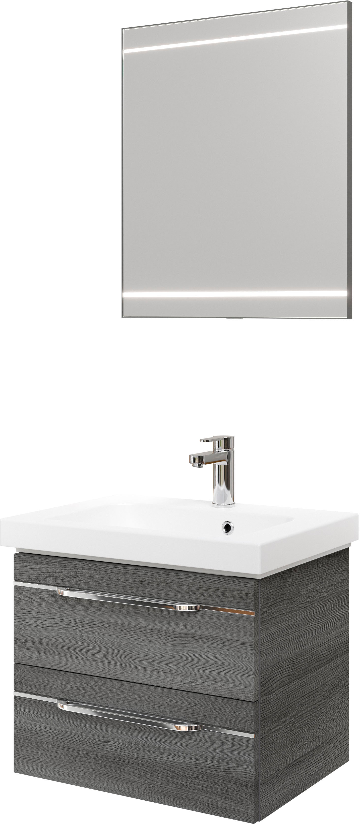 Badmöbel-Set SAPHIR "Balto 2-teilig Mineralmarmor-Waschtisch mit LED-Spiegel, Waschplatz", grau (graphit struktur quer nachbildung mit chromeinlage), B:64,4cm H:200cm T:46cm, Spanplatte, Kastenmöbel-Sets, 64,4 cm breit, mit 2 Schubladen, Badschrank... Image