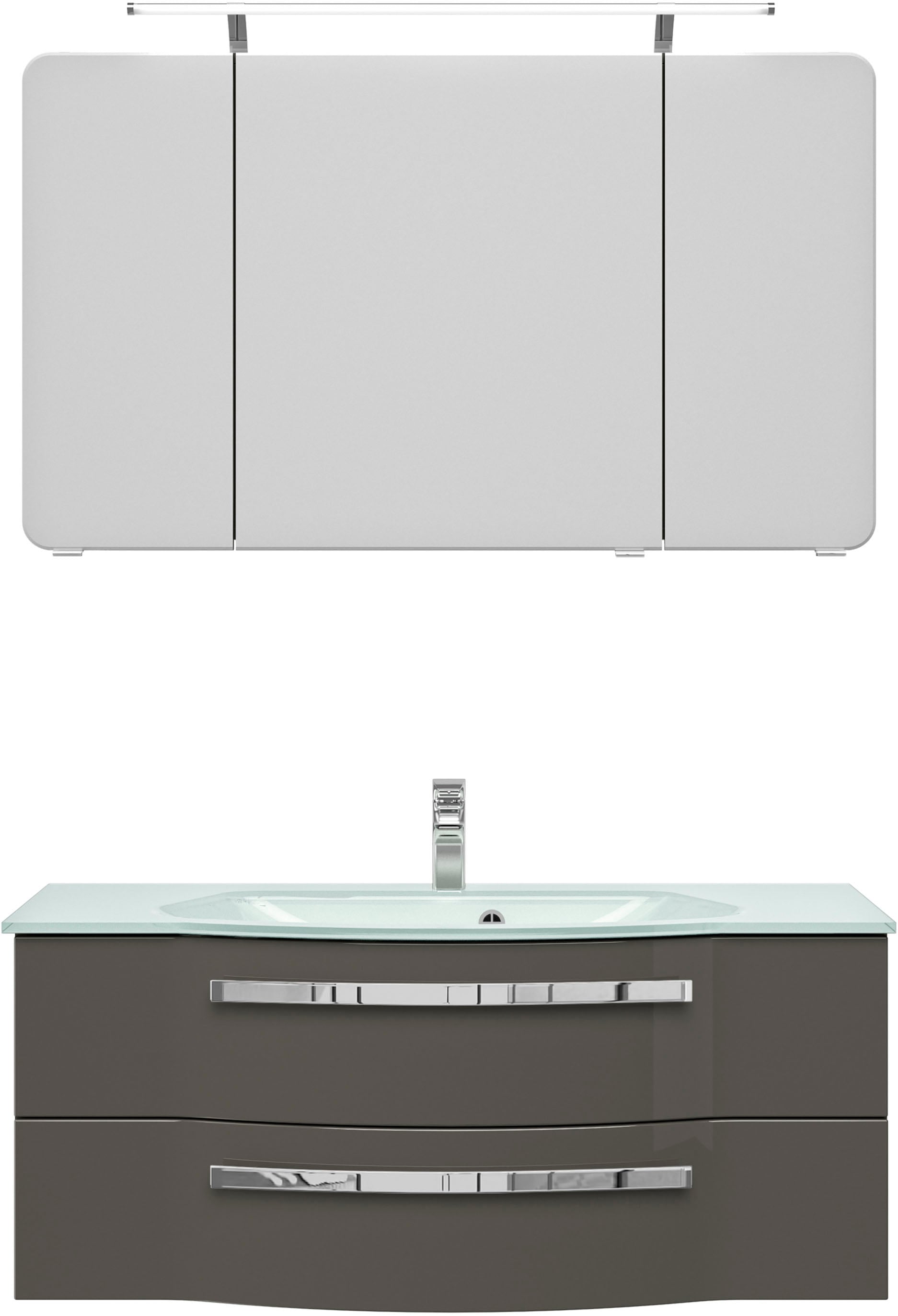 Badmöbel-Set SAPHIR "Serie 4005, vormontiert, Glaswaschbecken, Spiegelschrank", grau (lack steingrau hochglanz), Holzwerkstoff, Kastenmöbel-Sets, Badezimmer Set 117 cm breit, inkl. Türdämpfer, 3 Türen, 2 Schubladen Image