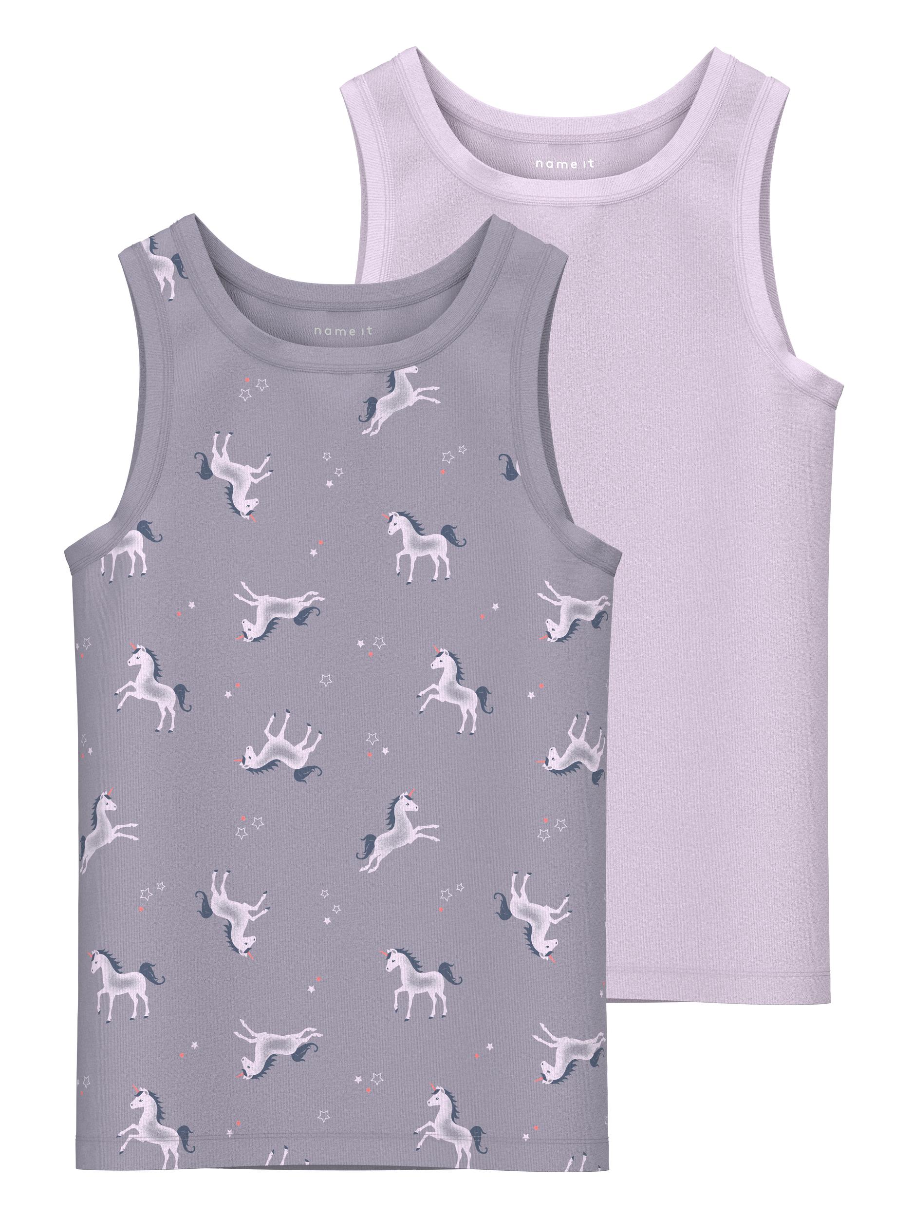 Unterhemd NAME IT "NMFTANK TOP 2P LAVENDER UNICORN NOOS", Kinder, Gr. 92, lila (levender aura), Jersey, Obermaterial: 95% Baumwolle, 5% Elasthan, bedruckt, Rundhals, Unterhemden Image