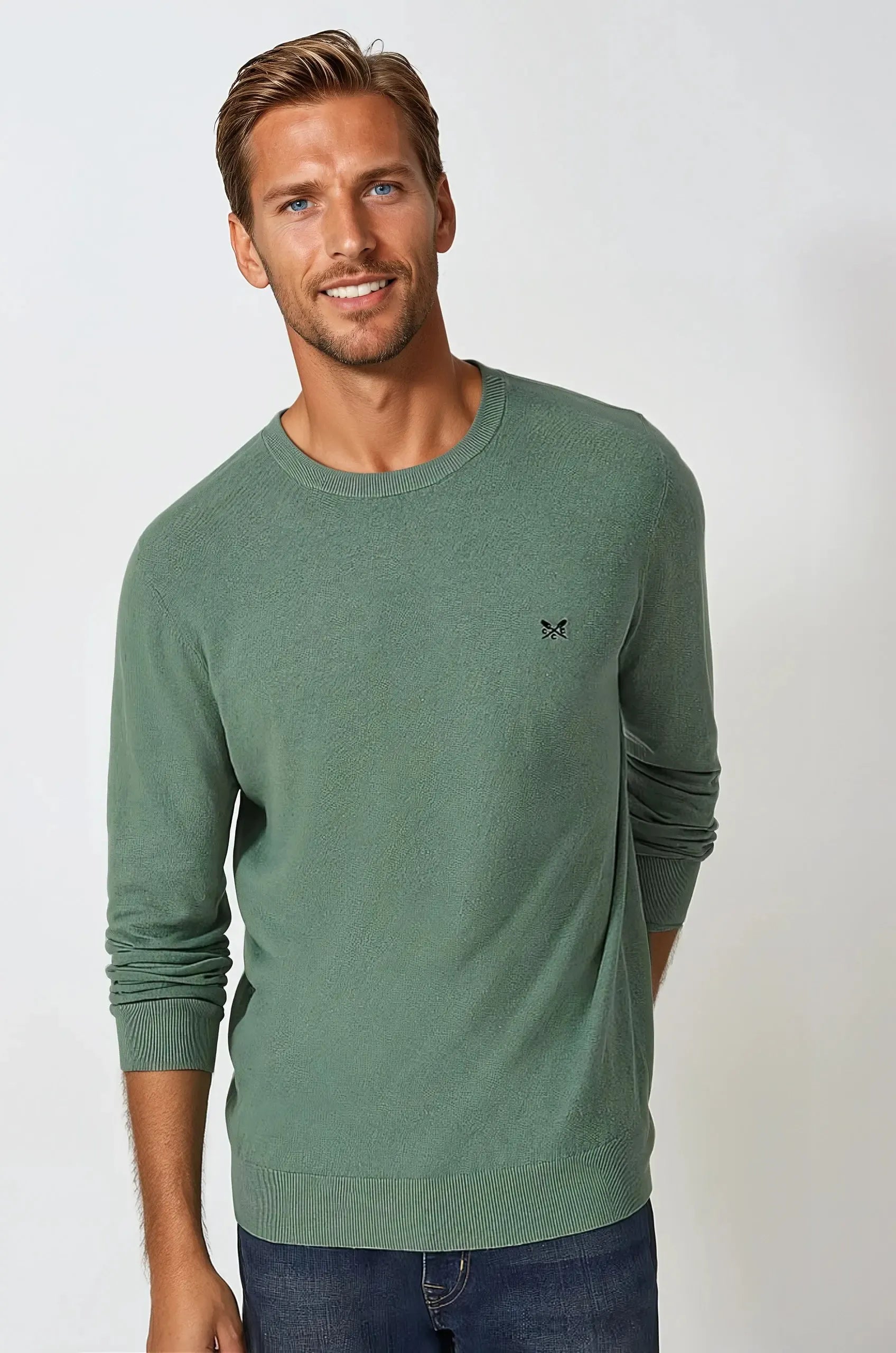 Crew Clothing Mens Neck Jumper - Green Cotton - Size Small | Crew Clothing Sale | Discount Designer Brands