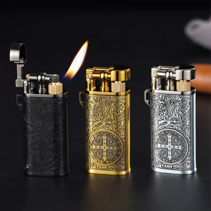 Aufblasbares Feuerzeug im Retro-Stil mit Metallrelief und Schleifscheibe, tragbares Butangas-Feuerzeug mit offener Flamme, neues Geschenk für Männer Image