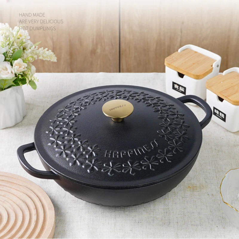 Sonnenblume 28 cm Gusseisen Geprägtopf Verdickt Haushalt Eintopf Unbeschichtete Suppentopf Antihaft-Emaille-Bratpfanne Image