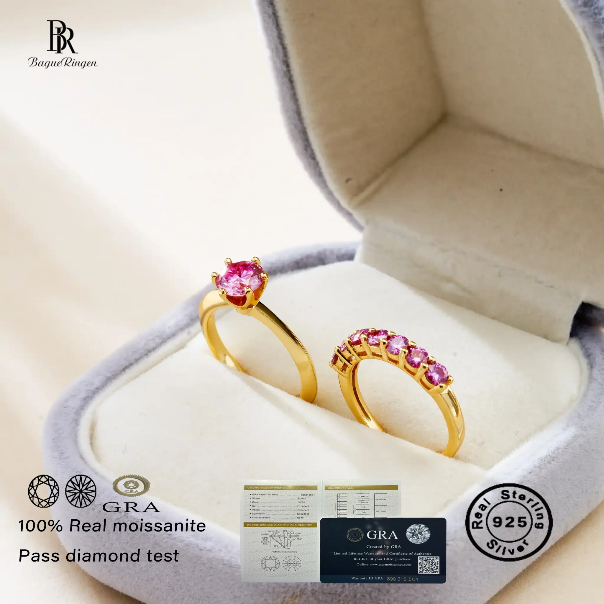 Insgesamt 1,7 Karat Moissanit-Ring für Charm-Dame, 925er Sterlingsilber, komplett aus Moissanit, Verlobungsring, goldfarbenes Ring-Set für Frauen Image