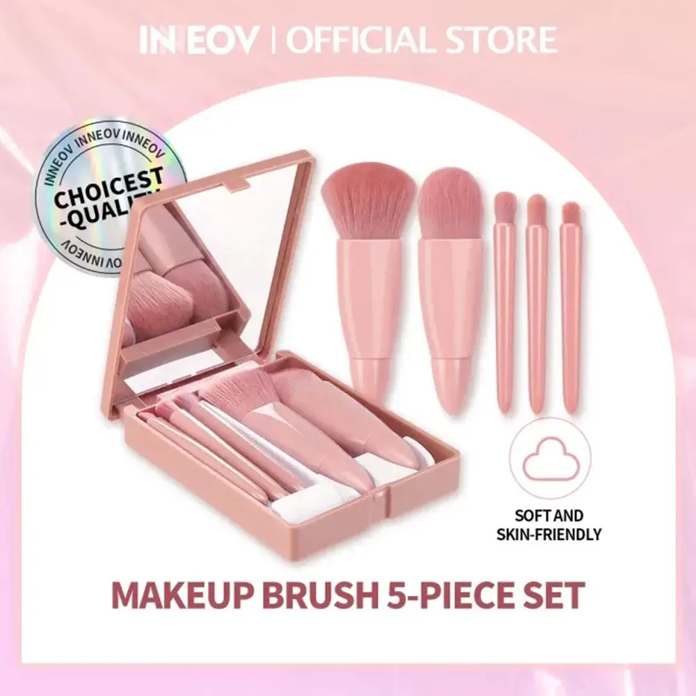 5-teiliges Make-up-Pinsel-Set in Reisegröße, Mini-Make-up-Pinsel, kleines Komplettfunktions-Kosmetikpinsel-Set mit Etui und Spiegel Image