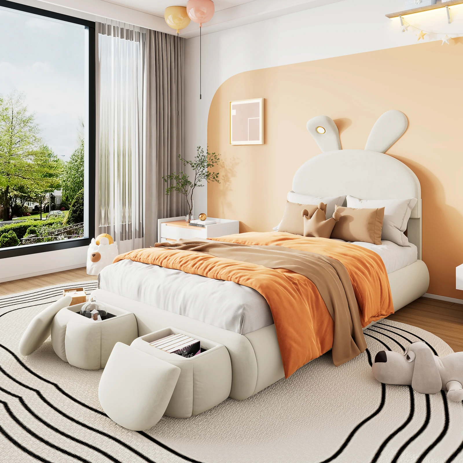Rosahqnda gepolstertes Kinderbett 90 x 200 cm, hydraulisches Bett, Hasenohren mit einstellbarer Helligkeit, Lichtstreifen, 2 Hocker, Samt Image