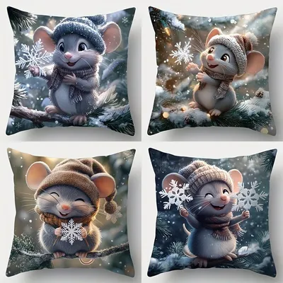 Home Decor Niedliche Mäuse mit Schneeflocken auf Weihnachtszweigen Muster Kissenbezug geeignet für Sofa Schlafzimmer Auto Kissenbezug Image