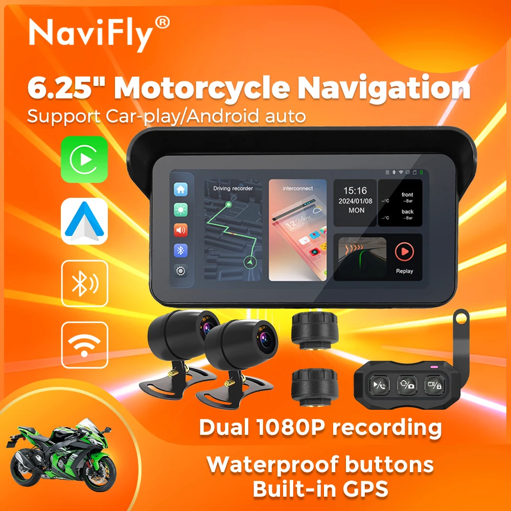 Navifly 6,25" tragbare digitale Armaturenbrett Motorrad Wireless CarPlay Moto Android Auto Navigation Display Dual BT DVR Image