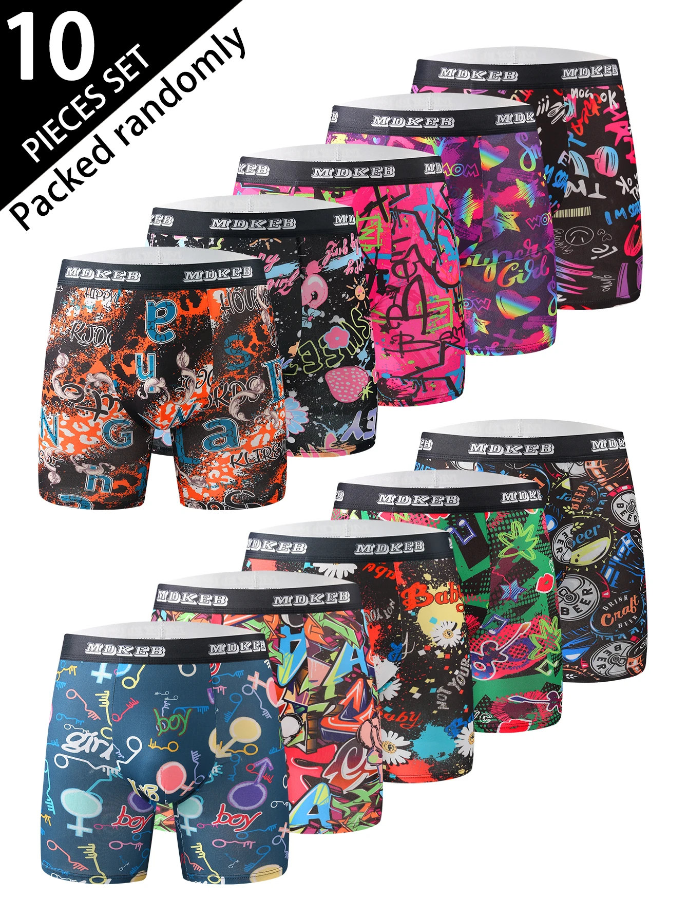 Zehnteilige lange Boxershorts für Herren mit gemischtem Graffiti-Muster, atmungsaktive und bequeme lange Boxershorts mit hoher Elastizität, Boxen Image