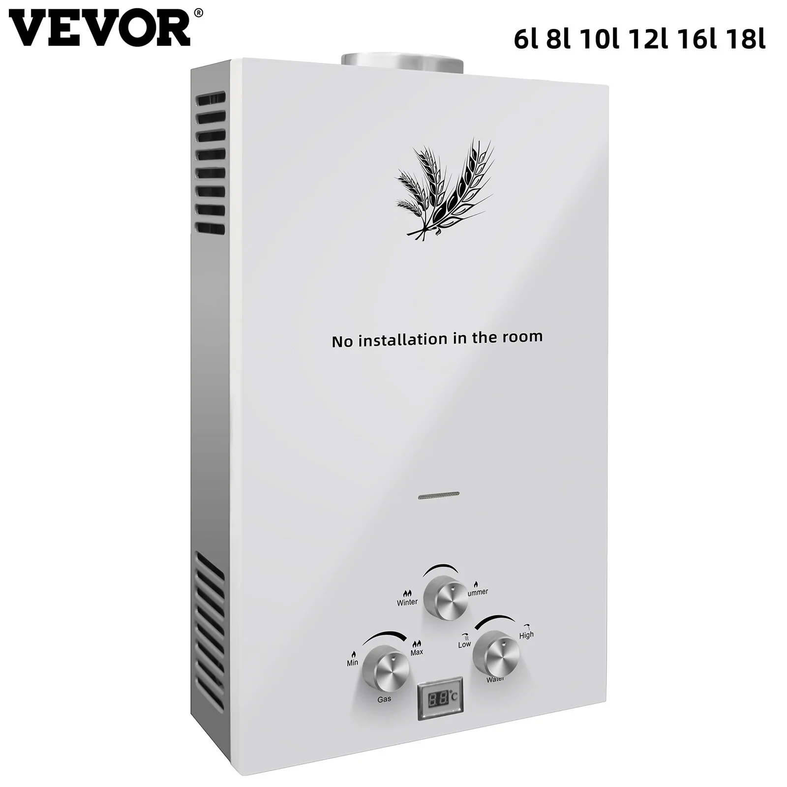 VEVOR LPG-Warmwasserbereiter, Warmwasserbereiter, Kessel, 6 l, 8 l, 10 l, 12 l, 16 l, 18 l, weiße LED-Anzeige aus Tankstahl Image