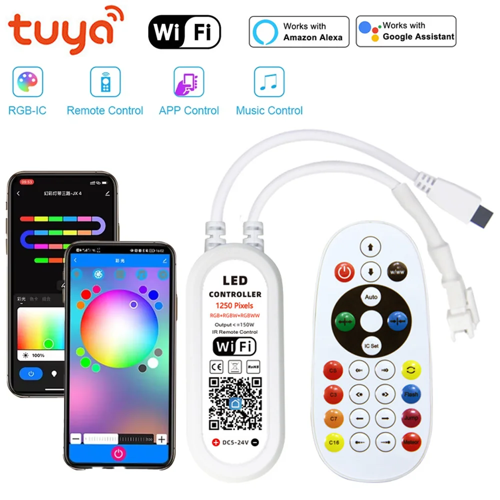 Tuya Wifi WS2811 WS2812B RGBIC LED Controller DC5V-24V App Musik Bluetooth Fernbedienung 1250 Pixel Smart Leben für Alexa Google Image