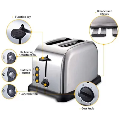 Toaster Full Stainless Steel Toaster 4Slice Long Extra-Wide Slots with Removable Tray Cancel/Defrost/Reheat Functions