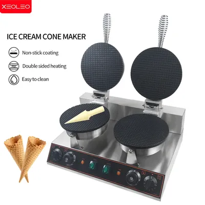 XEOLEO Double-Head Crispy Egg Roll Machine 1.2KW+1.2KW Ice Cream Waffle Cone Maker Electric Waffle Iron Cone Machine