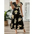 Plus Size 1XL-5XL Abito lungo floreale elegante moda donna Abito casual da donna a maniche corte elegante girocollo con peplo