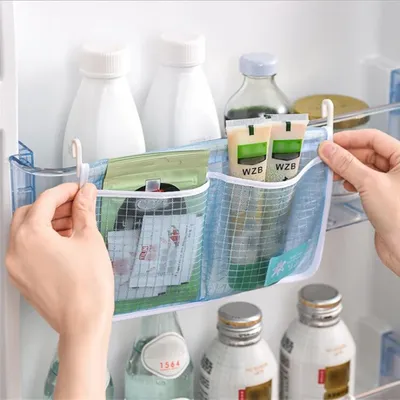 Dual Compartment Fridge Hanging Organizer - Mesh Storage Bags for Fruits/Snacks, No Hook Space Saving Bin with Clear Window