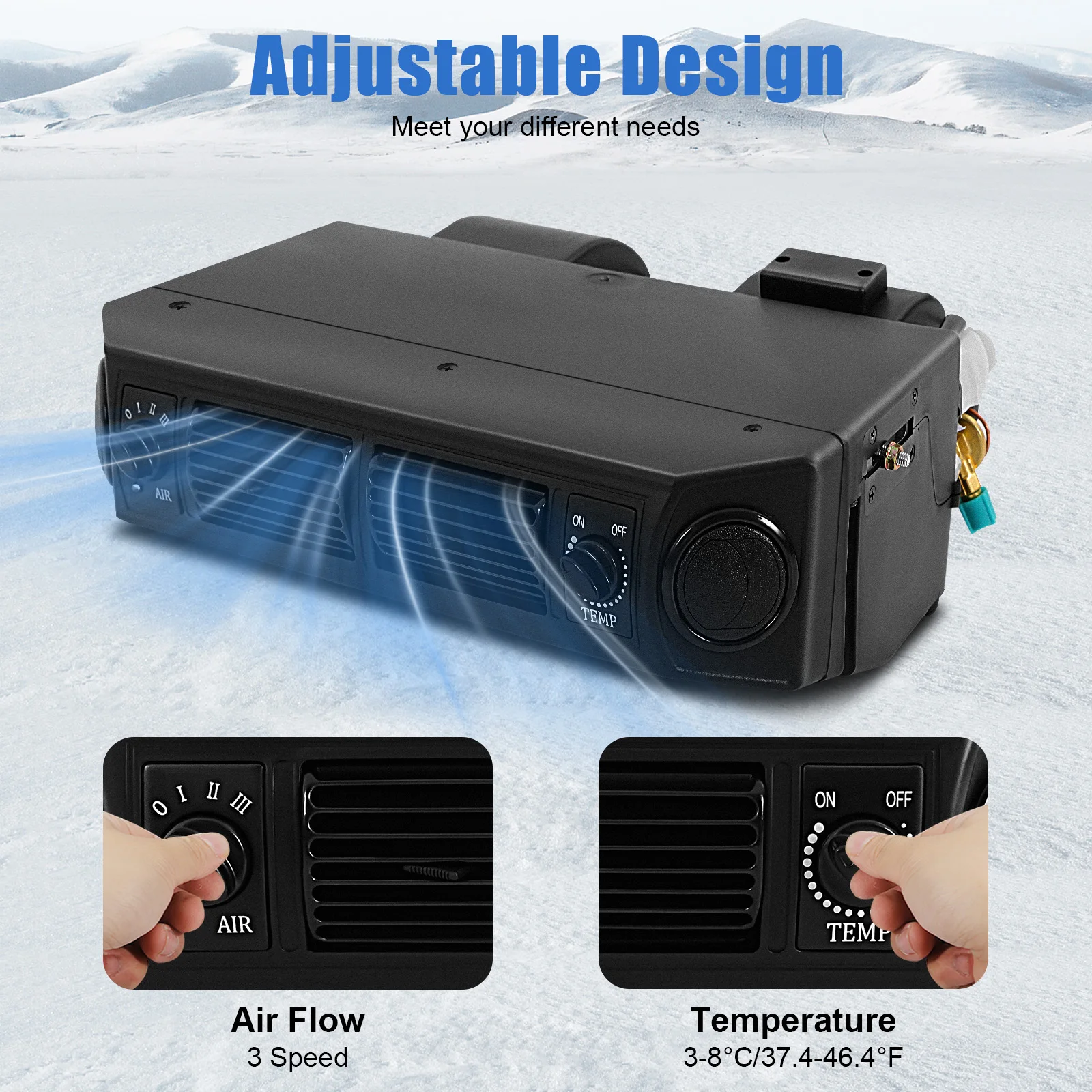 Universal Air Conditioner Evaporator, 12V 30W Car Underdash Evaporator Compressor with Drain Hose, 3-Speed AC Single Cooling