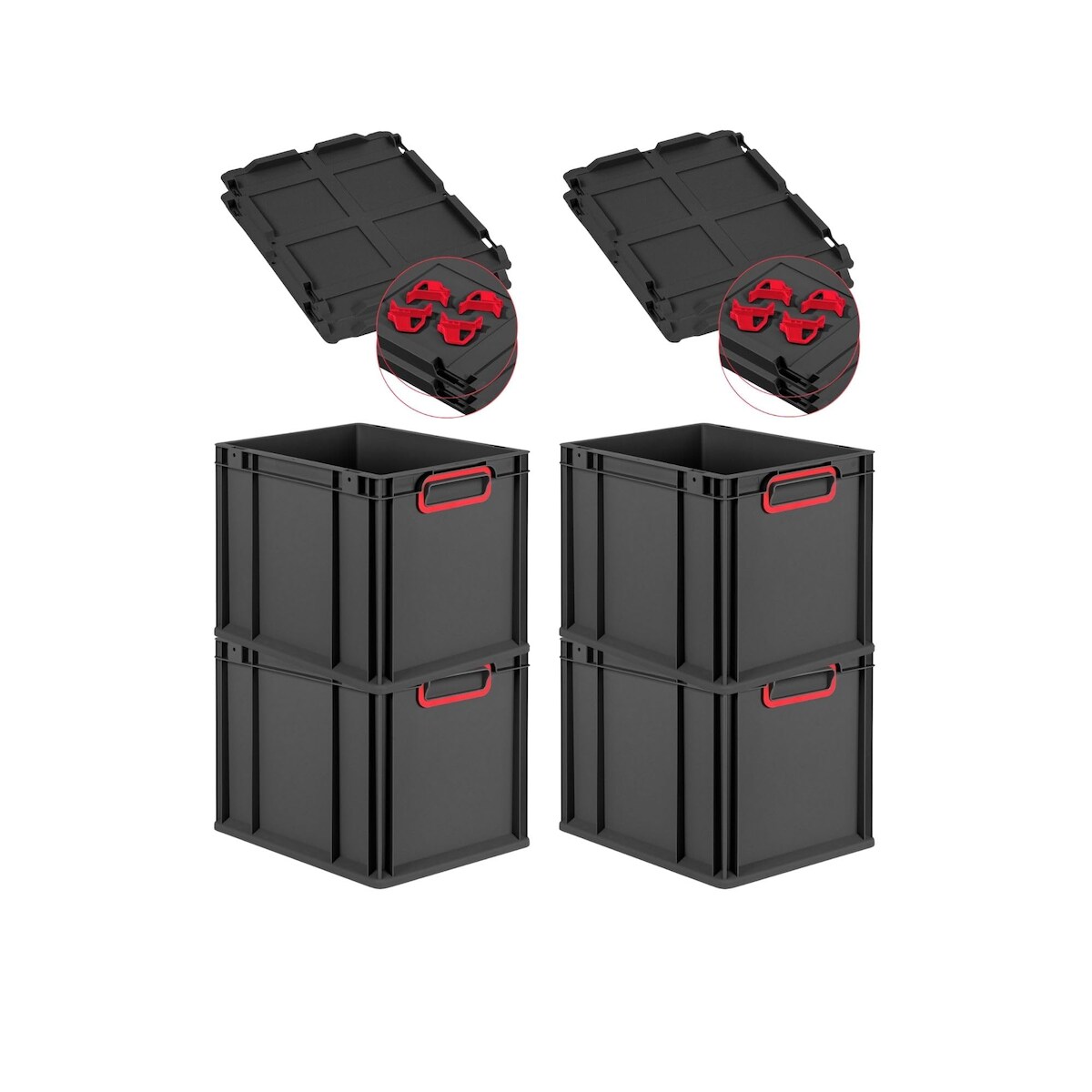 PROREGAL SuperSparSet 4x Eurobox NextGen Color mit Auflagedeckel & Verschlüsse, HxBxT 32x30x40cm, 30L, Schwarz, Griffe rot zu, Eurobehälter Image