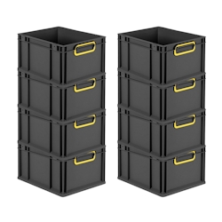 PROREGAL SuperSparSet 8x Eurobox NextGen Color, HxBxT 22x30x40cm, 20 Liter, Griffe gelb zu, Schwarz, Eurobehälter, Transportbehälter Image