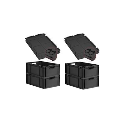 PROREGAL SuperSparSet 4x Eurobox NextGen Grip mit Scharnierdeckel & schwarzen Verschlüssen, HxBxT 22x40x60cm, 44L, Schwarz, Griffe offen, Eurobehälter Image
