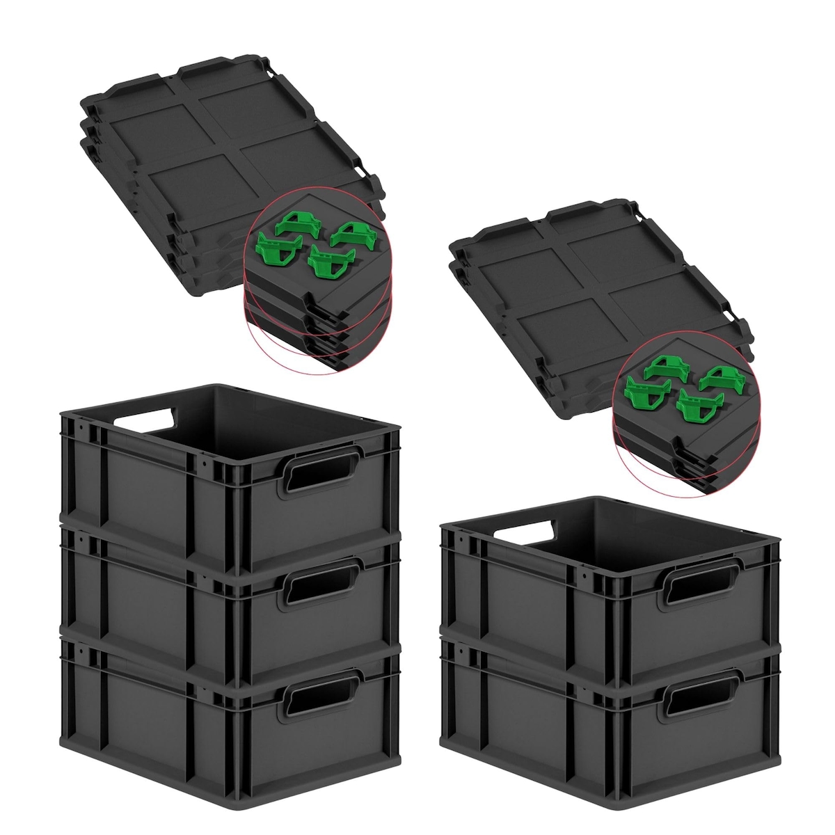 PROREGAL SparSet 5x Eurobox NextGen Grip mit Auflagedeckel & 4 grünen Verschlüssen, HxBxT 17x30x40cm, 16L, Schwarz, Griffe offen, Eurobehälter Image