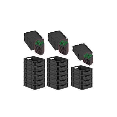 PROREGAL SuperSparSet 16x Eurobox NextGen Grip mit Auflagedeckel & 4 grünen Verschlüssen, HxBxT 12x30x40cm, 11L, Schwarz, Griffe offen, Eurobehälter Image