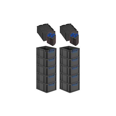 PROREGAL SparSet 10x Eurobox NextGen Color mit Auflagedeckel & Verschlüsse, HxBxT 22x30x40cm, 20L, Schwarz, Griffe blau zu, Eurobehälter Image