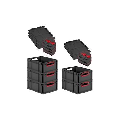 PROREGAL SuperSparSet 5x Eurobox NextGen Color mit Scharnierdeckel & Verschlüssen, HxBxT 17x30x40cm, 16L, Schwarz, Griffe rot offen, Eurobehälter Image