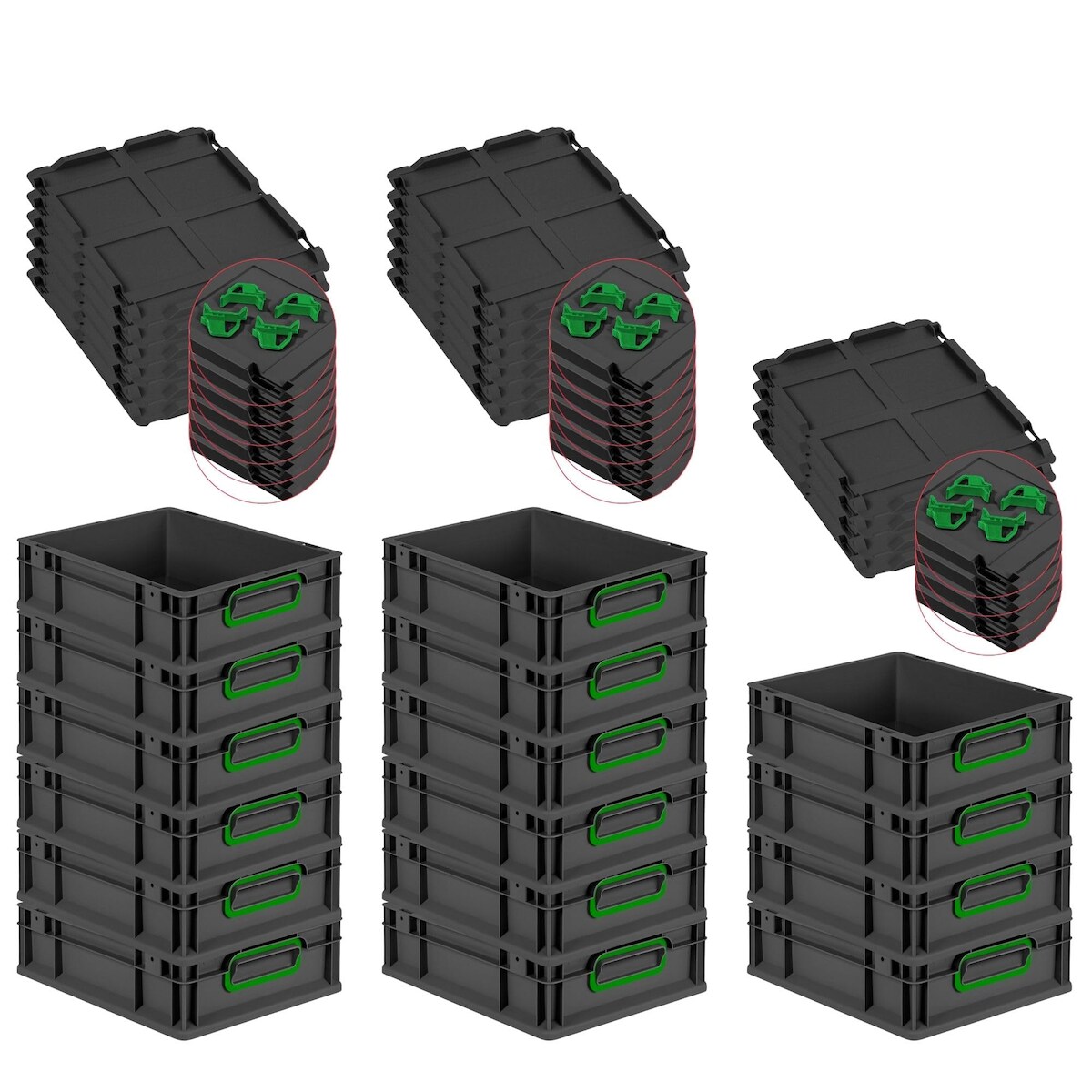 PROREGAL SuperSparSet 16x Eurobox NextGen Color mit Auflagedeckel & Verschlüsse, HxBxT 12x30x40cm, 11L, Schwarz, Griffe grün zu, Eurobehälter Image