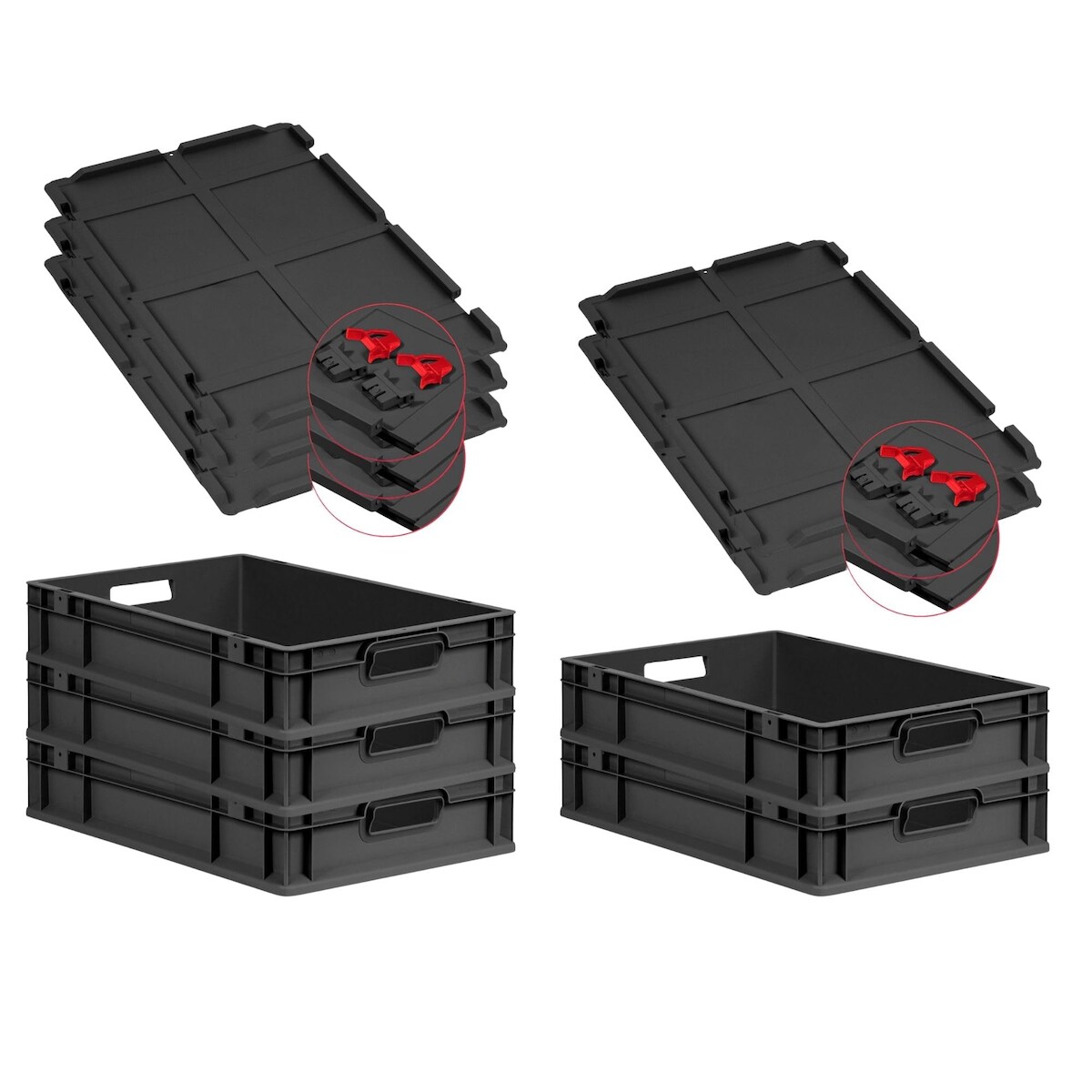 PROREGAL SuperSparSet 5x Eurobox NextGen Grip mit Scharnierdeckel & roten Verschlüssen, HxBxT 12x40x60cm, 23L, Schwarz, Griffe offen, Eurobehälter Image