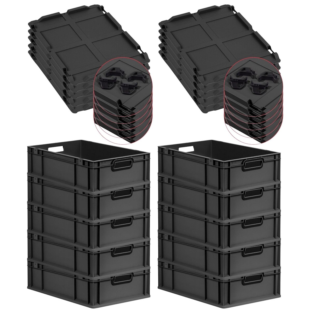 PROREGAL SparSet 10x Eurobox NextGen Color mit Auflagedeckel & Verschlüsse, HxBxT 17x40x60cm, 34L, Schwarz, Griffe schwarz offen, Eurobehälter Image