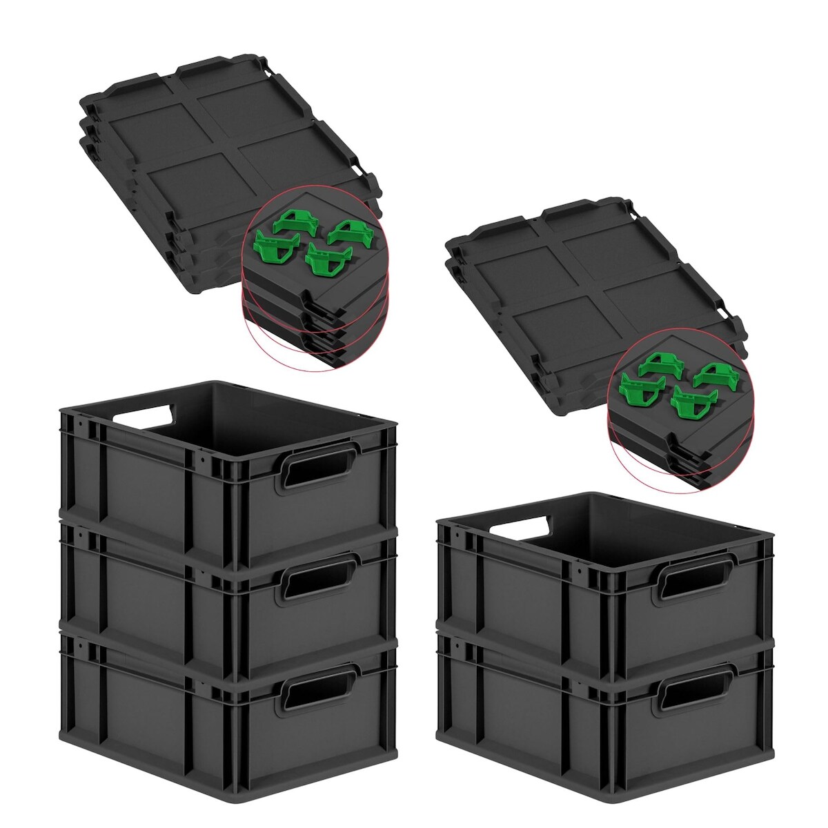 PROREGAL SuperSparSet 5x Eurobox NextGen Grip mit Scharnierdeckel & grünen Verschlüssen, HxBxT 17x30x40cm, 16L, Schwarz, Griffe offen, Eurobehälter Image