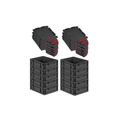 PROREGAL SuperSparSet 10x Eurobox NextGen Grip mit Scharnierdeckel & roten Verschlüssen, HxBxT 12x30x40cm, 11L, Schwarz, Griffe zu, Eurobehälter Image