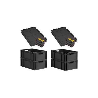 PROREGAL SuperSparSet 4x Eurobox NextGen Grip mit Scharnierdeckel & gelben Verschlüssen, HxBxT 22x40x60cm, 44L, Schwarz, Griffe offen, Eurobehälter Image
