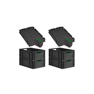 PROREGAL SuperSparSet 4x Eurobox NextGen Color mit Scharnierdeckel & Verschlüssen, HxBxT 22x40x60cm, 44L, Schwarz, Griffe grün offen, Eurobehälter Image