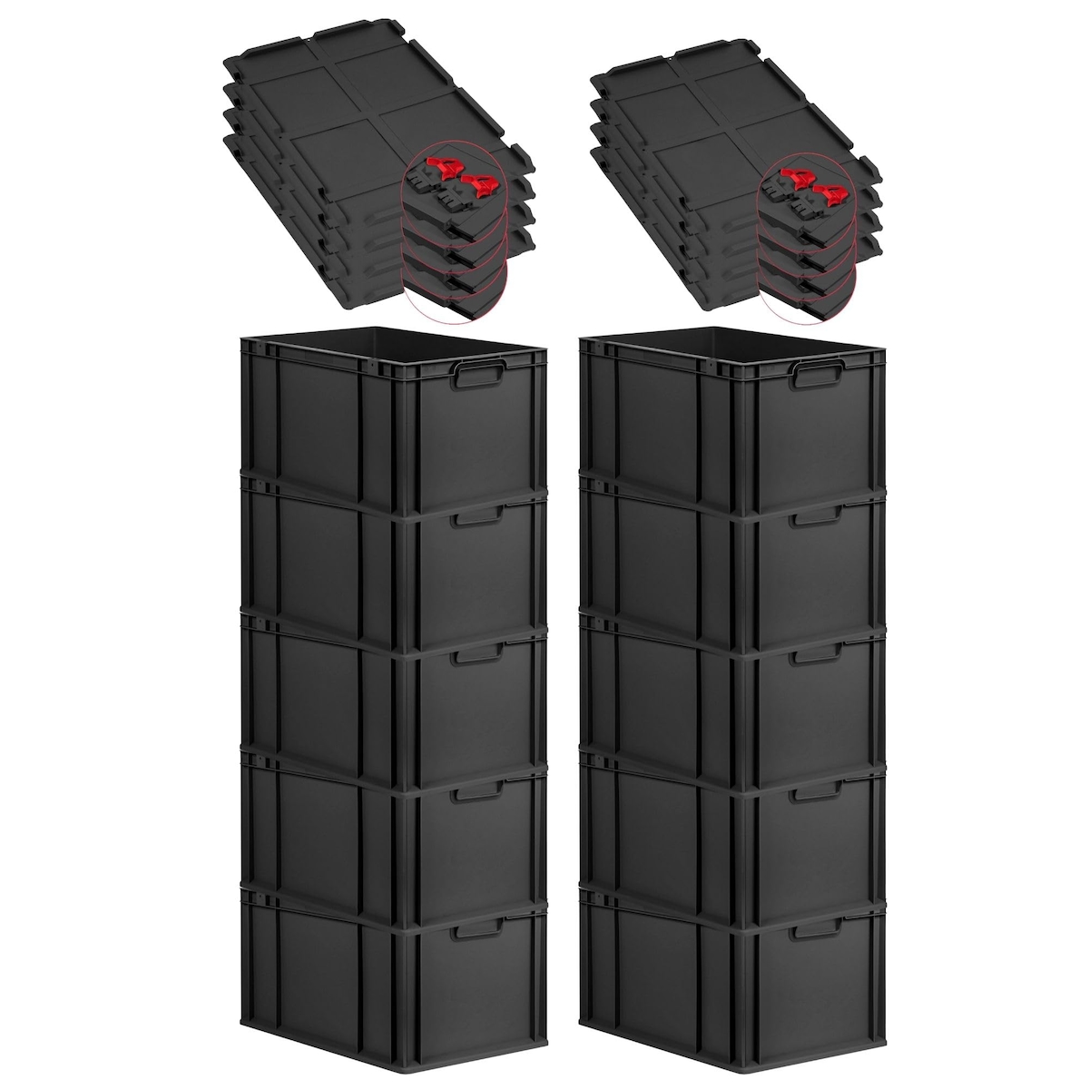 PROREGAL SuperSparSet 10x Eurobox NextGen Grip mit Scharnierdeckel & roten Verschlüssen, HxBxT 32x40x60cm, 65L, Schwarz, Griffe zu, Eurobehälter Image