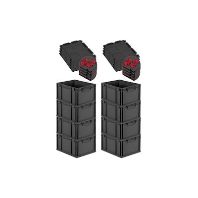 PROREGAL SuperSparSet 8x Eurobox NextGen Grip mit Auflagedeckel & 4 roten Verschlüssen, HxBxT 22x30x40cm, 20L, Schwarz, Griffe zu, Eurobehälter Image