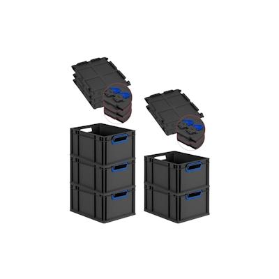 PROREGAL SuperSparSet 5x Eurobox NextGen Color mit Scharnierdeckel & Verschlüssen, HxBxT 22x30x40cm, 20L, Schwarz, Griffe blau offen, Eurobehälter Image