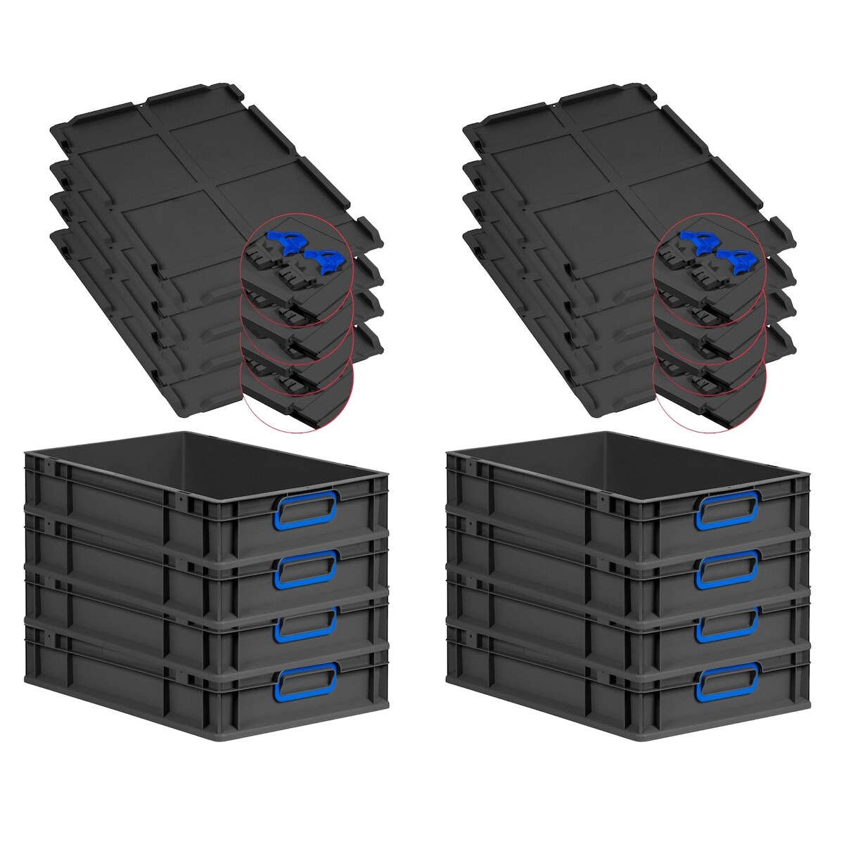 PROREGAL SuperSparSet 8x Eurobox NextGen Color mit Scharnierdeckel & Verschlüssen, HxBxT 12x40x60cm, 23L, Schwarz, Griffe blau zu, Eurobehälter Image