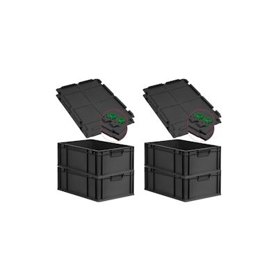 PROREGAL SuperSparSet 4x Eurobox NextGen Grip mit Scharnierdeckel & grünen Verschlüssen, HxBxT 22x40x60cm, 44L, Schwarz, Griffe zu, Eurobehälter Image