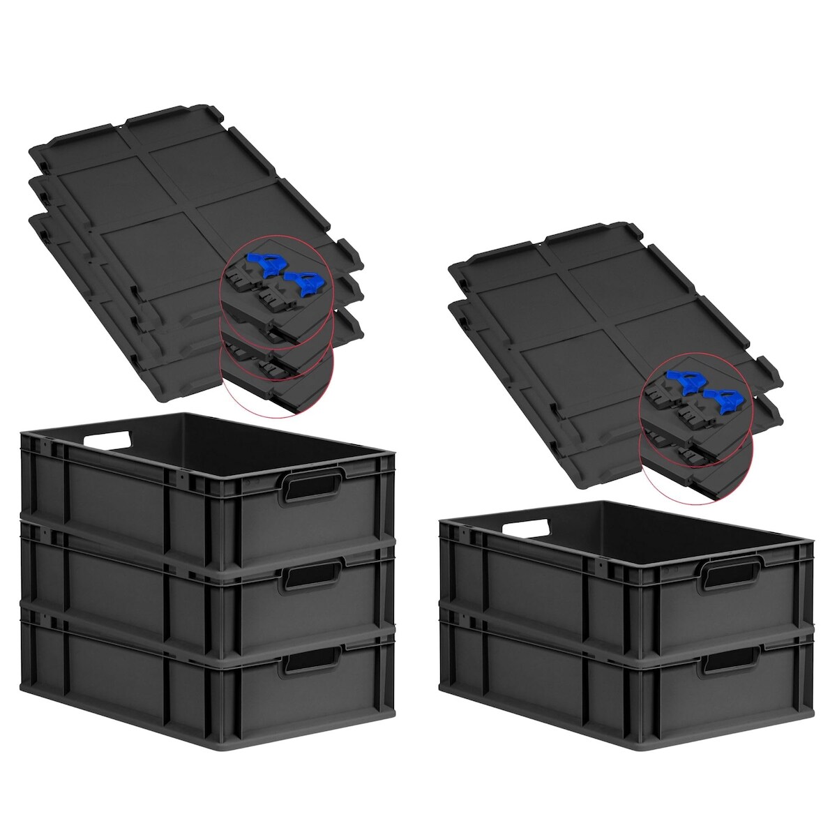 PROREGAL SuperSparSet 5x Eurobox NextGen Grip mit Scharnierdeckel & blauen Verschlüssen, HxBxT 17x40x60cm, 34L, Schwarz, Griffe offen, Eurobehälter Image