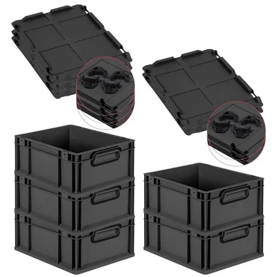 PROREGAL SparSet 5x Eurobox NextGen Color mit Auflagedeckel & Verschlüsse, HxBxT 17x30x40cm, 16L, Schwarz, Griffe schwarz zu, Eurobehälter Image