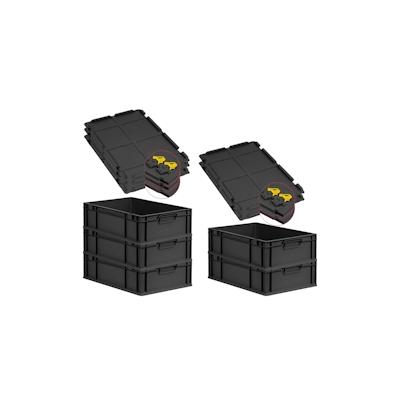 PROREGAL SuperSparSet 5x Eurobox NextGen Grip mit Scharnierdeckel & gelben Verschlüssen, HxBxT 17x40x60cm, 34L, Schwarz, Griffe zu, Eurobehälter Image