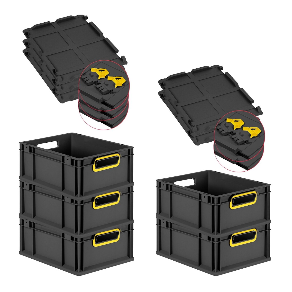 PROREGAL SuperSparSet 5x Eurobox NextGen Color mit Scharnierdeckel & Verschlüssen, HxBxT 17x30x40cm, 16L, Schwarz, Griffe gelb offen, Eurobehälter Image